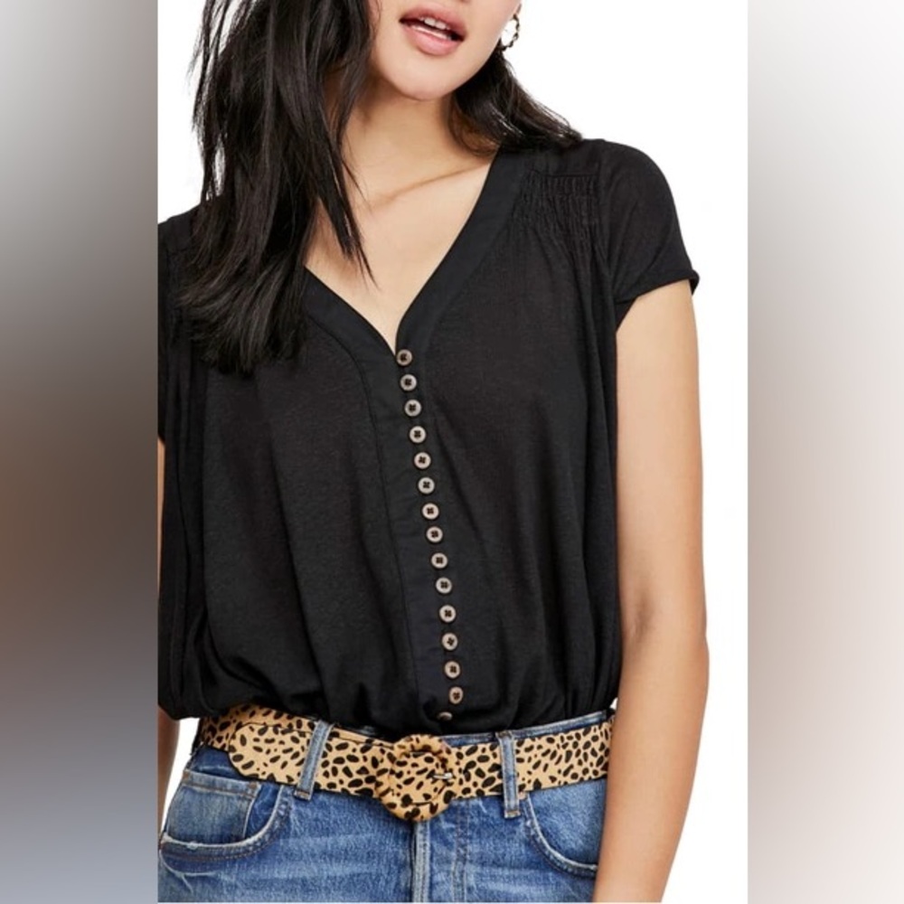 Free People Black V-Neck Button-Front Short Sleeve Top